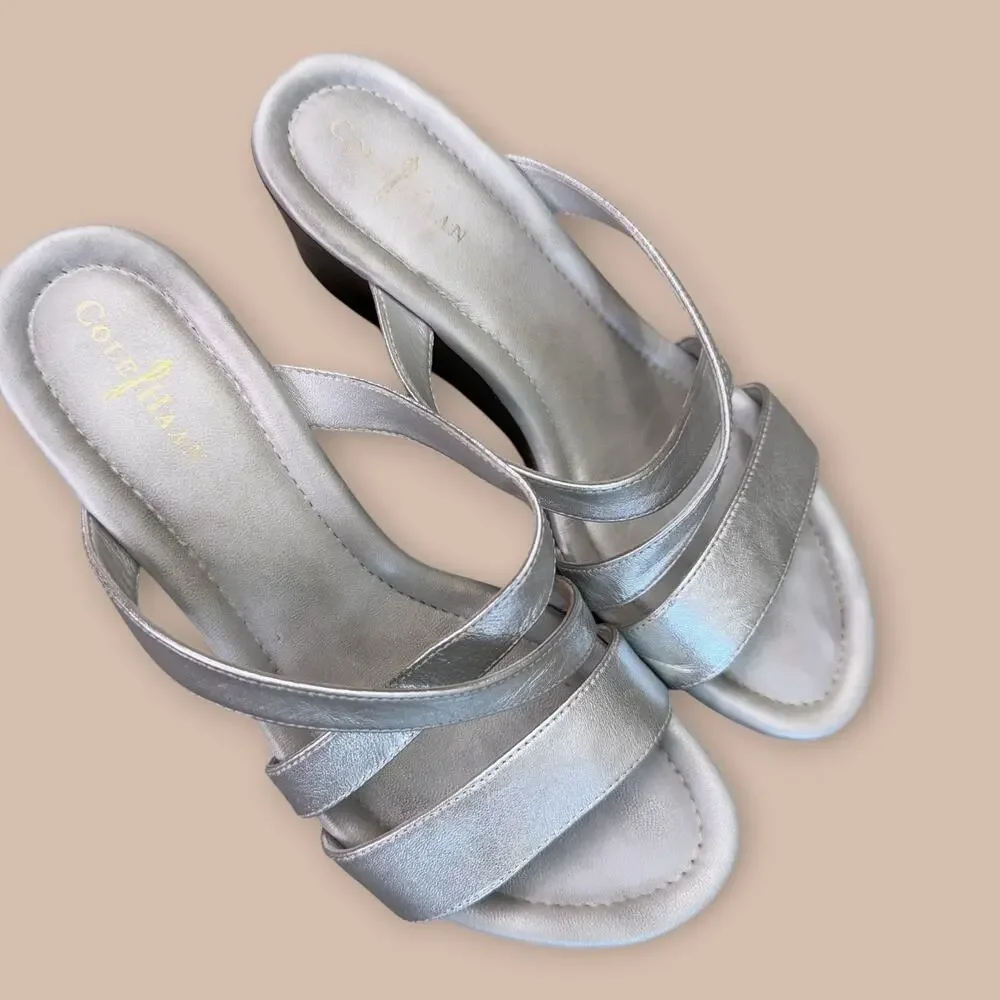 Cole Haan Nike Air Leather Wedge Thong Sandals Slip On Womens Size 6.5B Silver